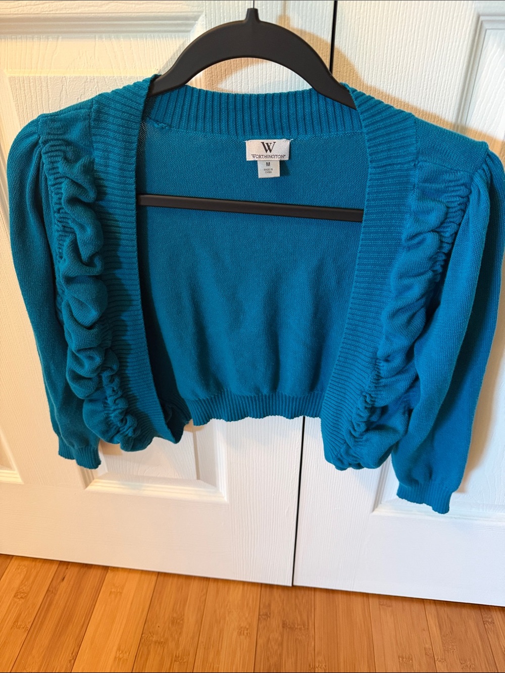 Worthington Teal Ruffle-Trim Cropped Bolero